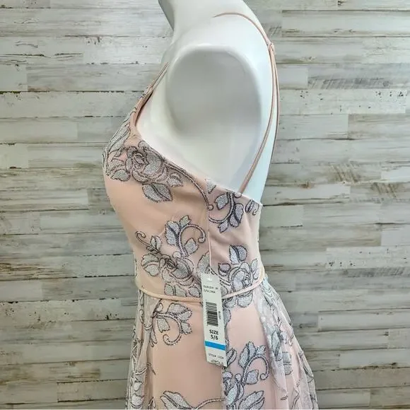 Jump Apparel Halter Tulle Glitter Maxi Dress Gown Juniors Size 5/6 Blush Floral - Picture 7 of 16